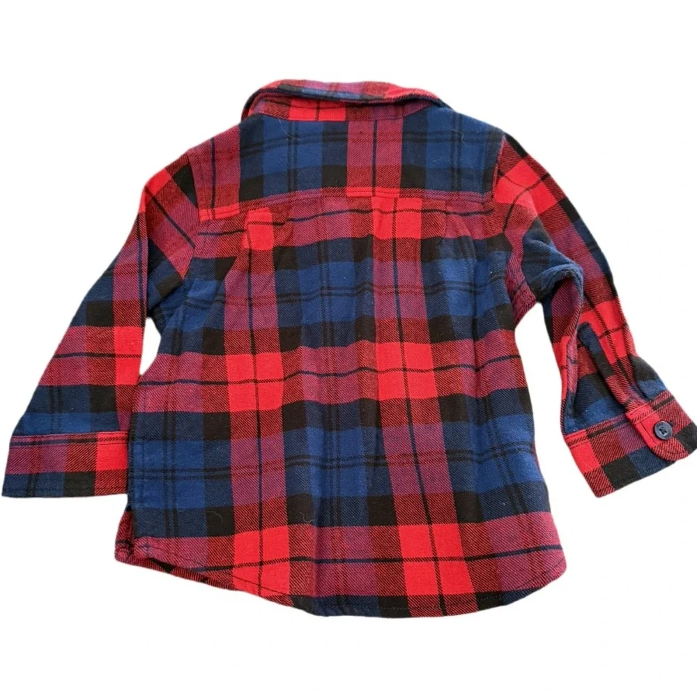 Baby Gap 6-12M Red Navy Plaid Flannel Button Down Shirt Bear Logo NWT
